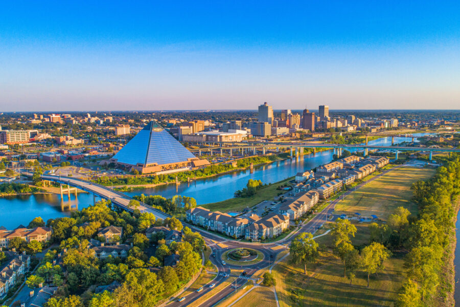 Aerial view of the Memphis Pyramid and the Mississippi River