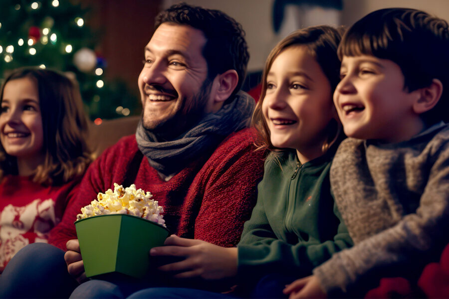 Holiday Movie Night 09.25 Family enjoying a holiday movie while eating popcorn