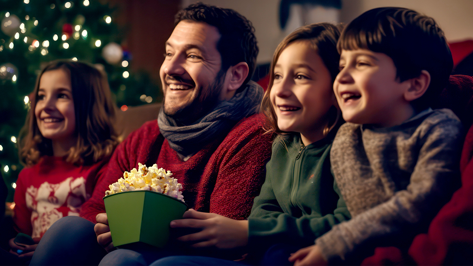 Family enjoying a holiday movie while eating popcorn