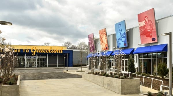 Exterior of the Graceland soundstage with multi colored Elvis Presley Posters