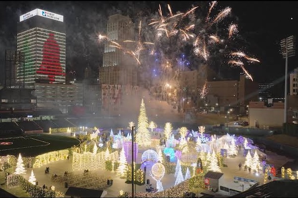 Autozone Ball Park decorated with Christmas lights with a field converted into a light exploration experience.