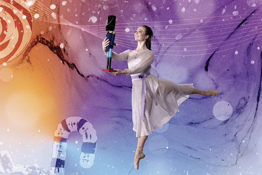 Promotional poster for the nutcracker ballot where a ballerina steps on one foot while gazing at a nut cracker