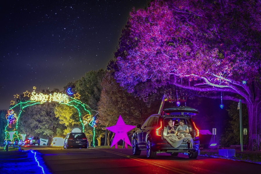 A car enters a Christmas light archway